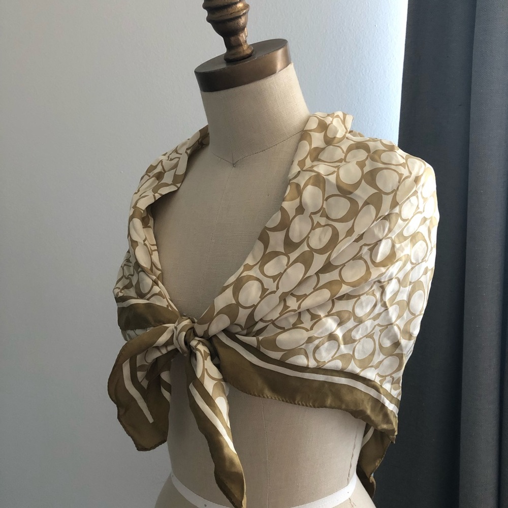 Huge khaki and white signature Coach silk scarf